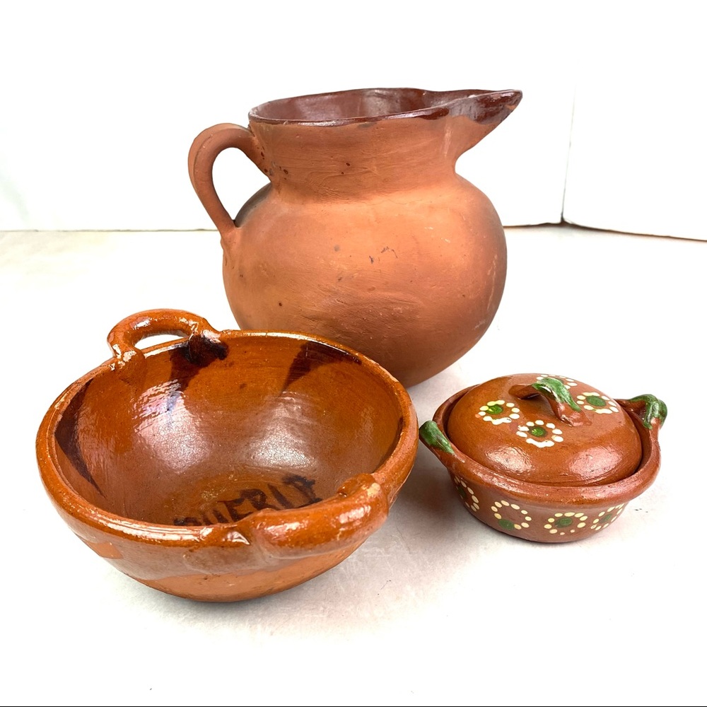 Clay Pottery Pitcher Pueblo Bowl Covered Dish Painted Clay Southwestern Decor